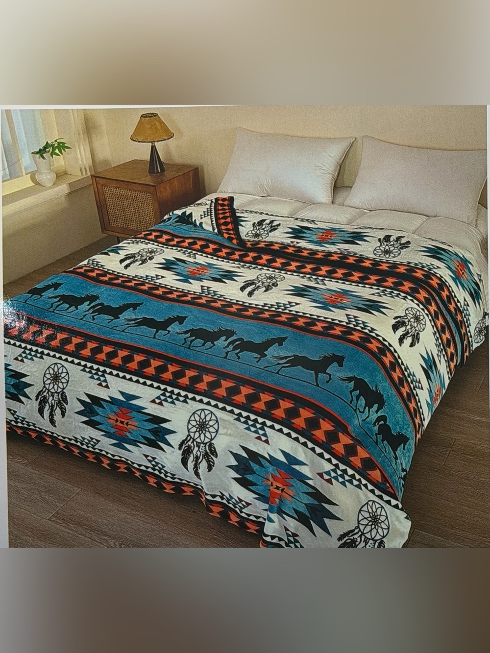 New king size flannel blanket double sided Horse Ultra Soft Aztec southwestern